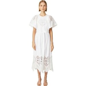 RHODE Claude White Embroidered Eylett Heart Midi Dress White Pom Pom Trim S